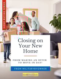 young family with couple and two children carrying boxes and other items while they move into their new home and text2025 edit Home Buying Ebook 3 Closing on Your New Home